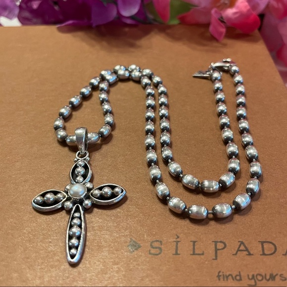 Silpada N1443 Polished Sterling Silver Oval Bead chain & Freshwater Pearl Cross - Picture 10 of 16